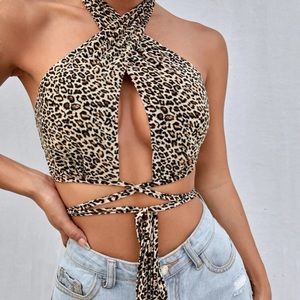 Crisscross tie front open back leopard halter top